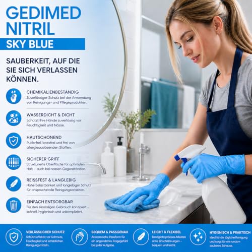 Gedikum Nitrile Disposable Gloves, Powder-Free, Latex-Free, Pack of 100/Box, Blue Nitrile Gloves, Available in Sizes XS, S, M, L, XL & XXL (L)