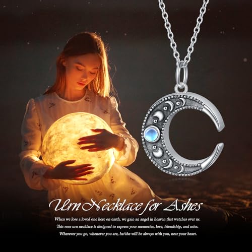 Moonstone Urn Necklace for Ashes - 925 Sterling Silver Plated Crescent Moon Phase Charm Circle Pendant for Women - Ashes Keepsake Memorial Jewelry