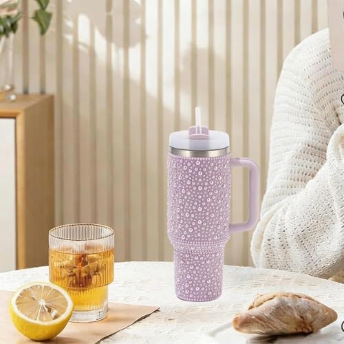 Pearls Bling 40 oz Tumbler with Handle and Straw | Rhinestones 100% Leakproof Stainless Steel Insulated Tumbler with Lid and Straw | Cup Holder Friendly Base -Purple Purple