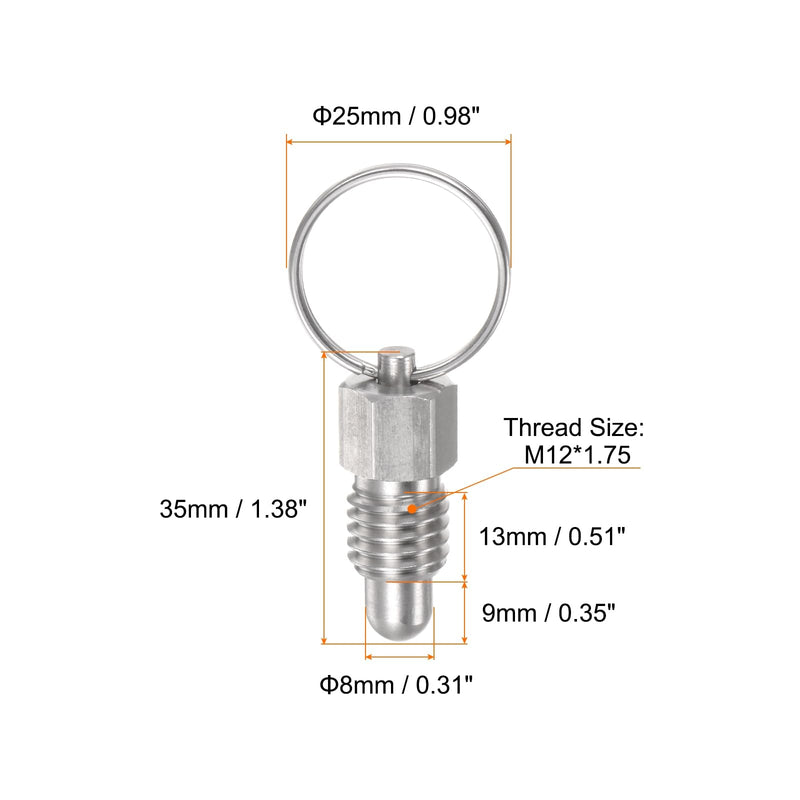 [Australia - AusPower] - Spring Plunger with Pull Ring M12x1.75 Thread Size 0.51" Thread Length Pin Dia.8mm Round Head Stainless Steel Non-Locking Retractable Index Plunger for Industrial Equipment 