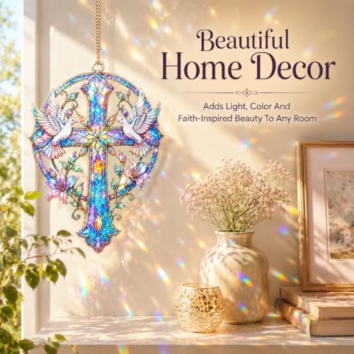 Stained Glass Cross Suncatcher Christian Decor Window Hanging Colorful Carrier Pigeon Dove Cross