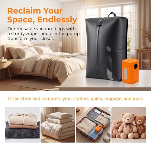 Travel Vacuum Bags with Pump, 18L Carry On Size Vacuum Compression Bags for Travel, Reusable Space Saver Luggage Vacuum Seal Kit with Rechargeable Electric Pump，Black Set (2-Pack) black 2 Pack-Black