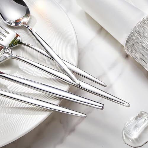 Kingstone 20-piece stainless steel flatware set for 4, includes forks, knives, spoons, and teaspoons in a sleek silver finish.