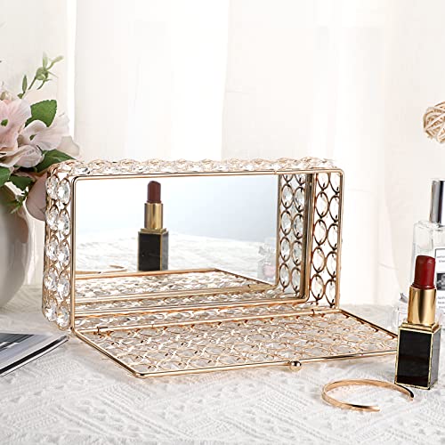 ELLDOO Crystal Jewelry Box Rectangle Trinket Organizer Earrings Rings Box Treasure Box Storage Home Decor Accent Decorative Box with Lid for Valentine Wedding Christmas Birthday Gift, Gold