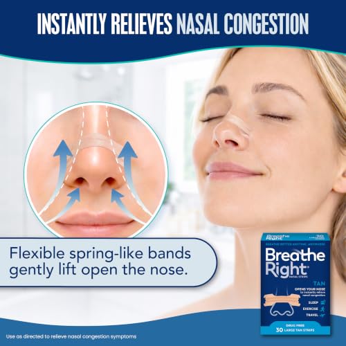 Breathe Right Large tan nasal strips, 30 count package for relieving nasal congestion