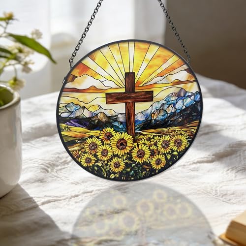 Christian Suncatcher Stained Glass, Christian Suncatcher for Women, Cross Suncatchers for Windows Hanging (UV Printed) Cross 2