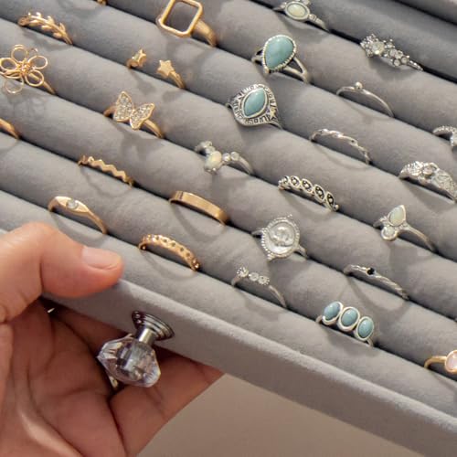SPAKOWN Ring Box Display Holder, Clear Velvet Jewelry Storage Tray Organizer for Ring Stud Earring (Grey - 5 Drawers) Grey