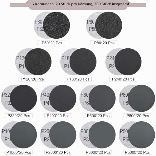 SIQUK Pack of 260 Sanding Discs 50 mm with 1/4 Inch Shank Wet Dry Sandpaper Round Sanding Pads Grit 60-5000 Sandpaper for Car Polishing Wood Metal 2 inch silicon carbide