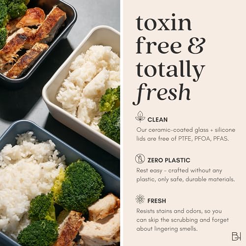 Glass Food Storage Container with Lid, 5-Cup Medium Square | Microwave-Safe Airtight Lid, Oven-Safe Ceramic-Coated Glass | Zero Plastic, No PFAS/PFOA/BPA, Reusable [Dusk] Dusk Medium Square (5 Cup)