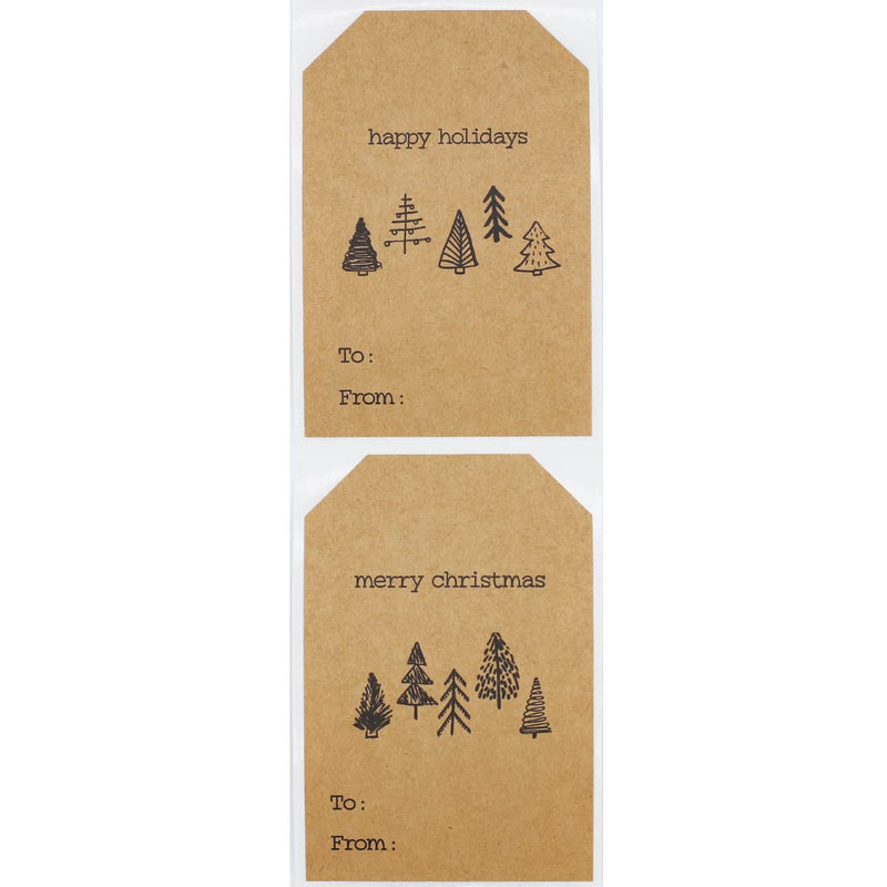 Boho Style Christmas Tree Gift Tag Stickers – 2 x 3 Inch Holiday Labels with Unique Tree Designs – 25 Adhesive Kraft Tags, Eco-Friendly, Made in USA