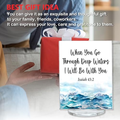Bible Verse Desk Accessories - Ocean Room Decor - Inspirational When You Go Through Deep Waters I Will Be with You Isaiah 43:2 Religious Acrylic Desk Plaque Home Living Room Beach House Decor