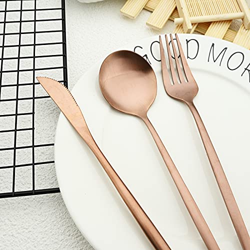 Matte Silverware Set, 24-Piece Satin Finish Stainless Steel Modern Flatware Set Service for 6, Flat Handle Cutlery Set for Home Wedding Gift-Rose Rose Gold