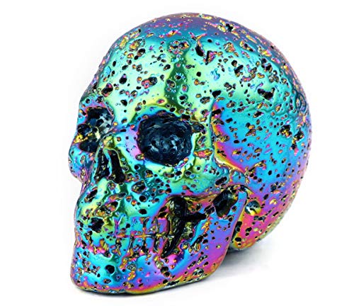 Skullis 2.0" Rainbow Aura Hot Lava Stone Crystal Skull, Hand Carved Gemstone Fine Art Sculpture, Reiki Healing Stone Statue.