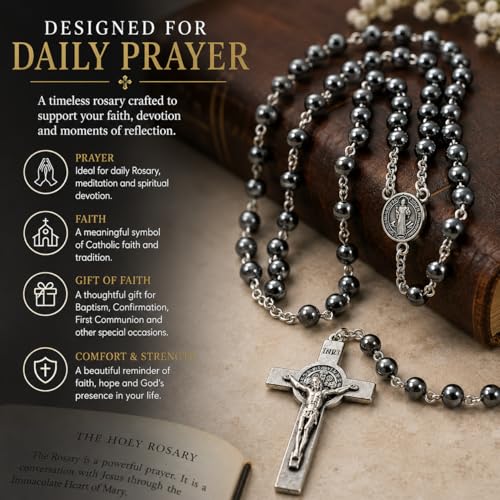 JRose Collections Hematite Gemstone Rosary Beads 6mm Catholic Prayer Necklace with Saint Benedict Medal and Crucifix, Black Polished Hematite Rosary Chain for Prayer Meditation and Devotional Use