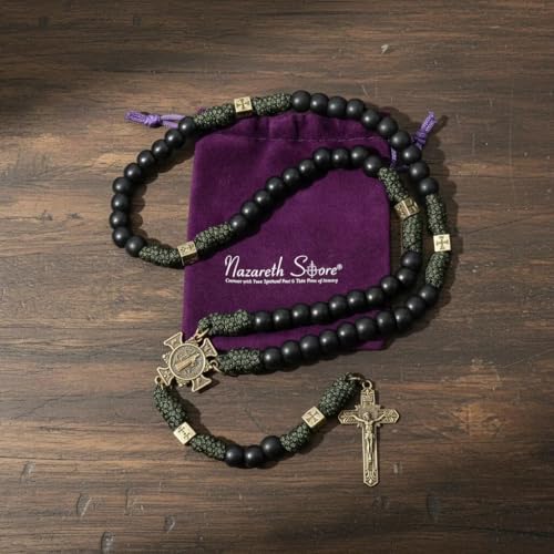 Nazareth Store Antique Bronze Metal Rugged Durable Paracord Rosary Necklace Black Matte Prayer Beads with Saint Medal and Crucifix St benedict & St benedict cross