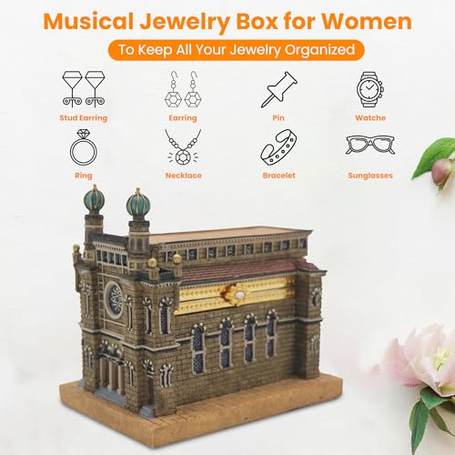 Majestic Giftware Musical Jewelry Box for Women (RM-UR-99055-M) | 5x3x4 Wooden Jewelry Case & Organizer With Design of Synagogue | Ideal Jewelry Organizer for Gifts & Keepsakes Brown - RM-UR-99055-M 5x3x4"