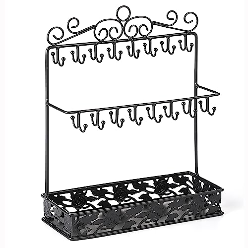 Black Metal Jewelry Holder Organizer Stand Necklace Holder Stand with 32 Hooks and Tray for Woman Rose Tray