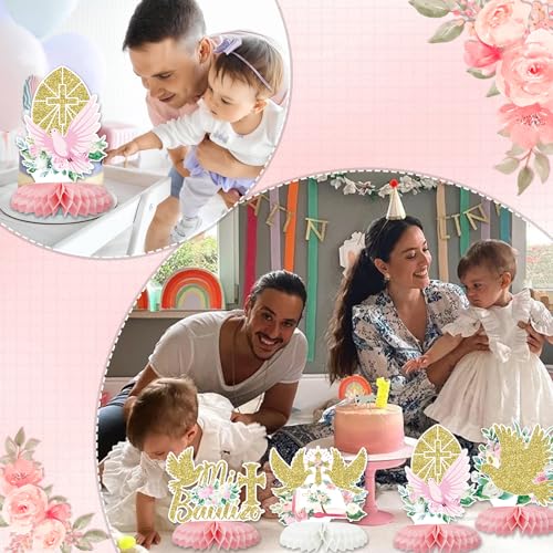 12Pcs Baptism Honeycomb Centerpieces Party Decor,Pink God Bless Cross Religious Baptism Table Centerpieces for Baby Shower First Communion Birthday Party Decorations (pink god) Pink God