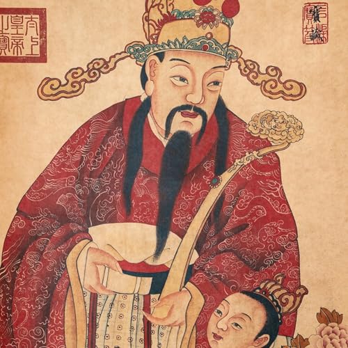 Feng Shui Wall Poster Prints Janpanese Style Painting,Fukurokuju Mythology Chinese Taoism Masterpieces Reproduction Fortune 33x17 Inch (Brown Red) Brown Red