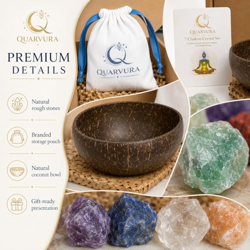 Natural Raw Healing Crystals and Chakra Stones for Reiki, Meditation and Energy Balancing,7 Chakra Crystal Set with Coconut Shell Bowl and Drawstring Pouch