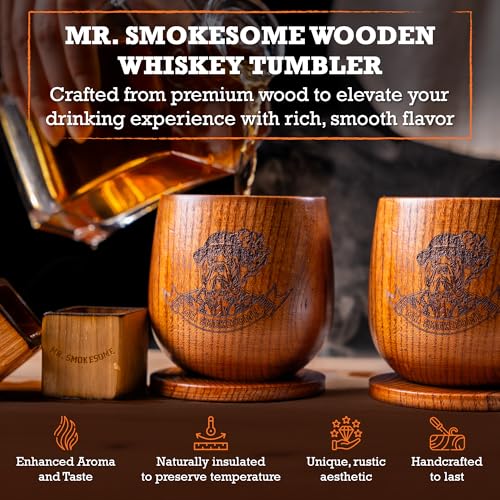 Wooden Bourbon Glass Set with Coasters | 10 fl oz Whiskey Glasses Set of 2 | Old Fashioned Glass in Gift Packaging | Whiskey Gifts for Men, Dad, or Brother | Home Bar Bourbon Gifts for Men 2 Pack