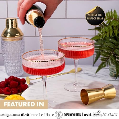 VEMACITY - Ribbed Espresso Martini Glasses Set of 4 with Gold Rims | Coupe Glasses | Vintage Cocktail Glasses for Margaritas, Champagne and More - Includes Jigger & Bar Spoon | Set of 4- 10oz