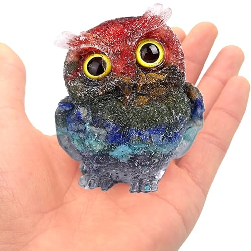 DIYOMR 2.4" Owl Statue Reiki Spiritual Healing Owl Figurine Energy Fengshui Gemstone Crystal Animal Sculpture Attract Wealth Lucky Home Office Desk Decor (7 Chakra) 7 Chakra
