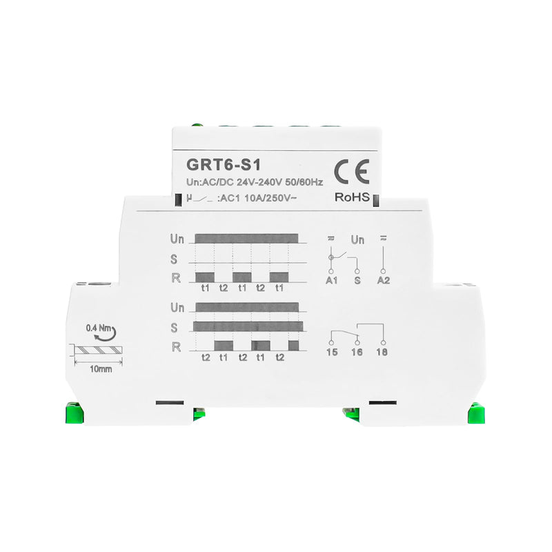 Asymmetric Cycle Timer Relay AC DC 24V-240Volt 10A, SPDT Mini Adjustable Repeat Cycle Time Relay Switch ON Off GRT6-S1, Electronic Timer Relay 10-Position from 1S to 1 Minute to 100 Days in Din Rai GRT6-S1 24-240V AC/DC 10A