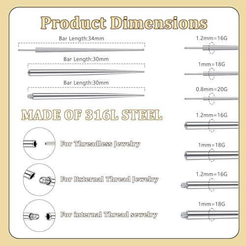 MODRSA Helix Nose Piercing, Tragus Piercing: Pierc Ball, Grabber and Pierc Threader Tool for Changing Ears, Nostril Lip Jewellery, 16, 18, 20G Straight