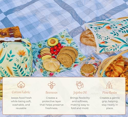 Beeswax Bread Bag for Homemade Bread & Beeswax Wrap Set Green and Peach Background with Floral Patterns