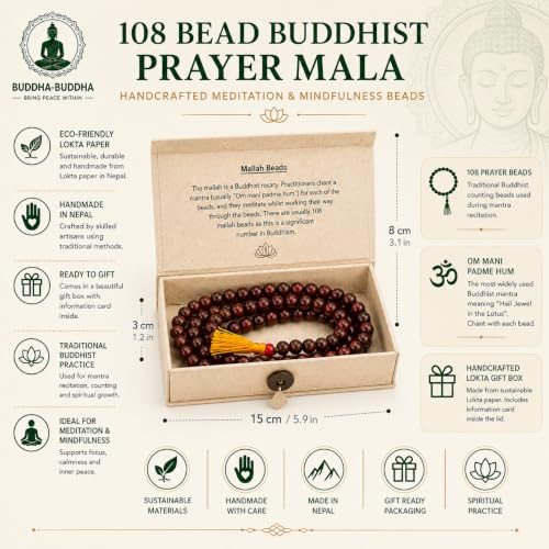 Buddha-Buddha Spiritual Buddhist Gift Set, 108 Prayer Mala Beads in Lokta Box, Green Tara Incense, Tibetan Prayer Flags, Meditation