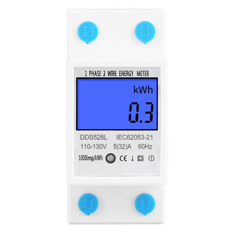 [Australia - AusPower] - Digital Energy Meter, 5-32A 110-130V 60Hz LCD Backlight Single Phase Energy KWh Meter 35mm DIN Rail Mounting with Buckle & Seal 