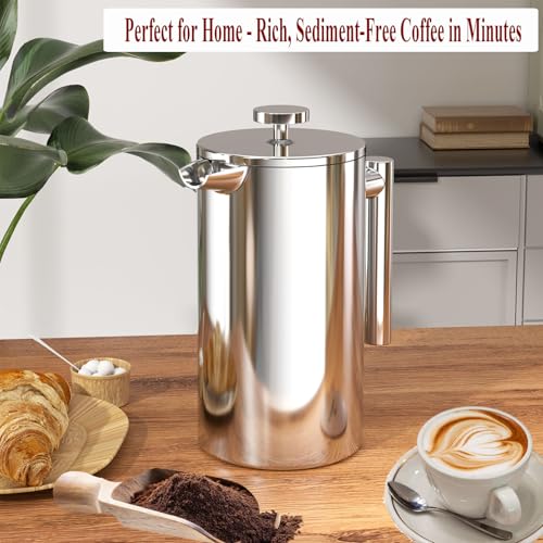 Stainless Steel French Press Coffee Maker - Portable Cafetiere 3 Cup Espresso Coffee Press - Double Wall Insulated, Triple Mesh Filter - Perfect for Home, Office, Camping & Travel (20 Oz) 20 Oz