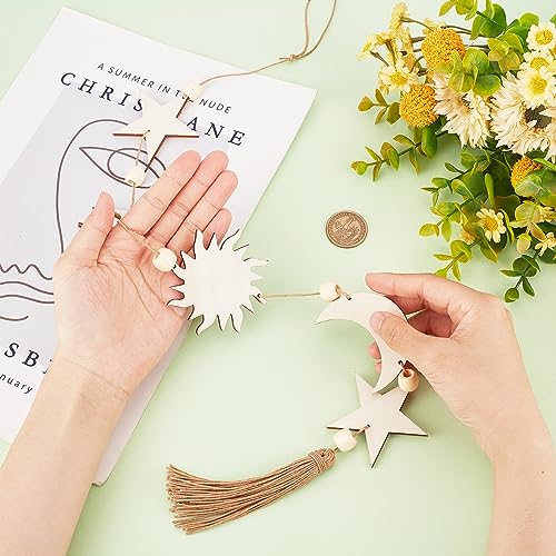 CREATCABIN Moon Star Wall Hanging Decor Wooden Bohemian Wall Art Decorations Moon Garland Ornaments Pendant with Wheat Tassel Beads for Home Bedroom Living Room Dorm Nursery Apartment Office 30.3inch Moon Stars