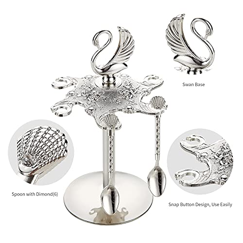 Decorative Swan Base Holder with 6 Spoons, Teaspoons, Coffee Dessert Spoons Set for Fruit, Stirring, Mixing, Sugar, Ice Cream, Cake (Silver) Silver