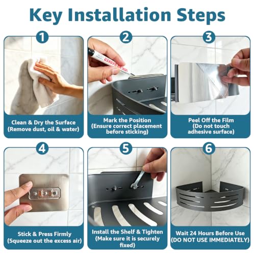 Gray adhesive corner shower caddy with two tiers for bathroom storage, made of aluminum, no drilling required.