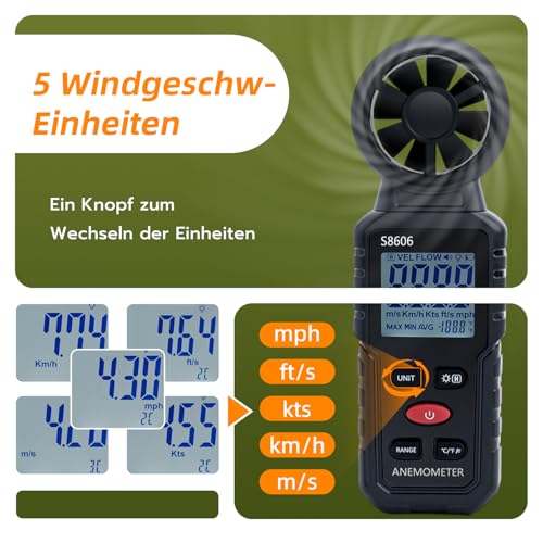 Digital Wind Gauge Anemometer Handheld 3 in 1 Wind Meter with Wind Speed, Temperature & Windchill Measurement, Beaufort Scale 1-12, 5 Units, MAX/MIN/AVG, for HVAC/Drone/Outdoor