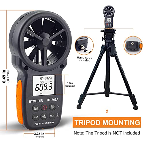 BTMETER BT-866A Pro Handheld HVAC Anemometer for CFM Airflow, Wind Speed Meter, Meter Measures Wind Speed, Temperature%RH Dew Point with USB Sync to PC