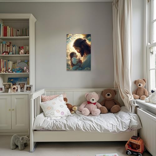 CCWORKERRY Jesus Christ Holding Baby Wall Art Christian Faith Canvas Prints Religion Picture Wall Decor God Painting Church Bedroom Decor Frame(Green,16L x 24W) Green 16L" x 24W"