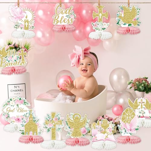 12Pcs Baptism Honeycomb Centerpieces Party Decor,Pink God Bless Cross Religious Baptism Table Centerpieces for Baby Shower First Communion Birthday Party Decorations (pink god) Pink God