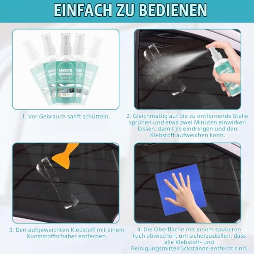 Adhesive residue remover spray, powerful label remover, 120 ml, adhesive remover, complete with scraper and cloth, effectively removes adhesive labels and adhesive residue from glass, plastic and