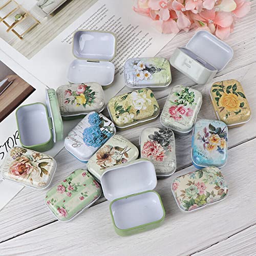 32Pcs Mini Flower Tin Trinket Jewelry Organizer Box Tinplate Storage Case with Lid Small Rectangular Bead Container for Storage of Small Items, Crafts, Christmas stocking stuffers(flower) Floral
