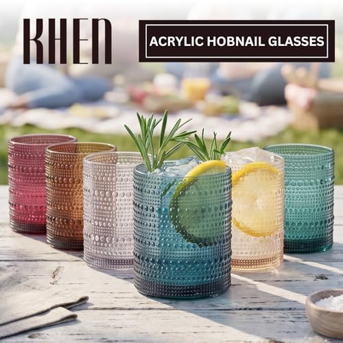Khen Plastic Hobnail Drinking Glasses Set of 6 Neutral Tones Cups 10oz, Shatterproof & Unbreakable Acrylic Beaded Design, BPA-Free, Dishwasher Safe Indoor/Outdoor Drinkware for Water, Juice, Cocktails Muted Color