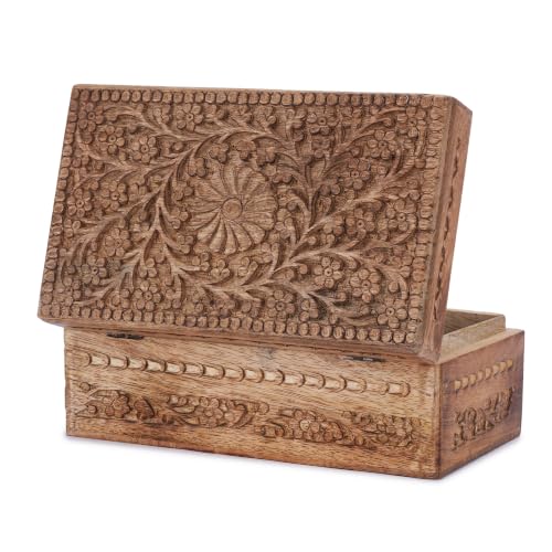 Ajuny Wooden Jewelry Box Flower Carved Decorative Chest Storage 10 Inch