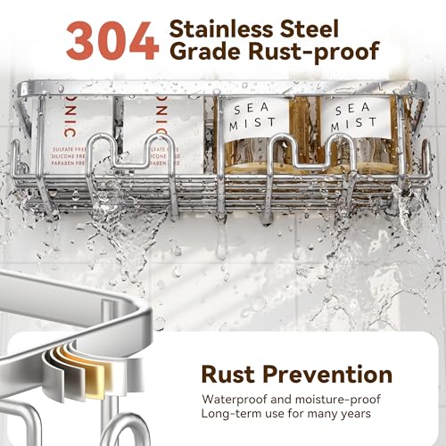 YASONIC Shower Caddy Adhesive, Rustproof Shower Organizer, Wall Shower Rack Silver 5-Piece Set (2 Caddies, 2 Soap Holders, 1 Toothbrush Holder)