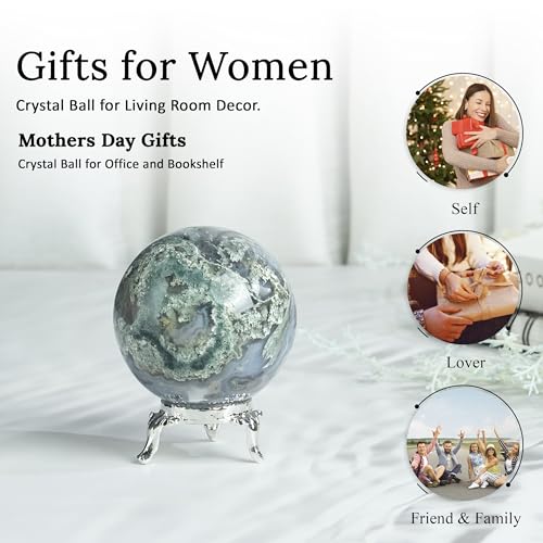 Crocon 45mm Moss Agate Stone Sphere Ball with Metal Stand Crystals Ball Moss Agate Sphere