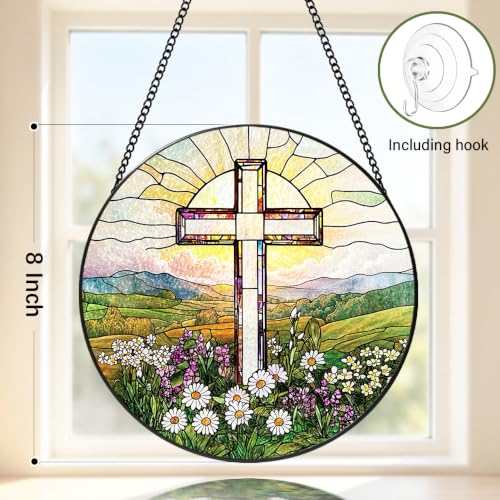 Cross Decor Suncatcher, Christian Stained Glass Window Hanging, 8 Inch Cross Wildflowers Sun Catchers Indoor Window Decorations, Suncatchers for Windows Hanging, Religious Home Decor Cross Stained Glass