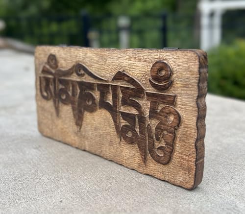 DharmaObjects Tibetan Hand Carved Wooden Om Mani Padme Hum Mantra Plaque Wall Decoration