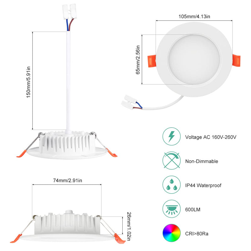 [Australia - AusPower] - LED Recessed Spotlights 230 V 6 W Ultra Flat IP44 Set of 6 Cool White 6000 K Installation Depth 26 mm 600 Lumen Diameter 105 mm Installation Hole Dimensions 75-95 mm for Bathroom Living Room Kitchen Cold White 