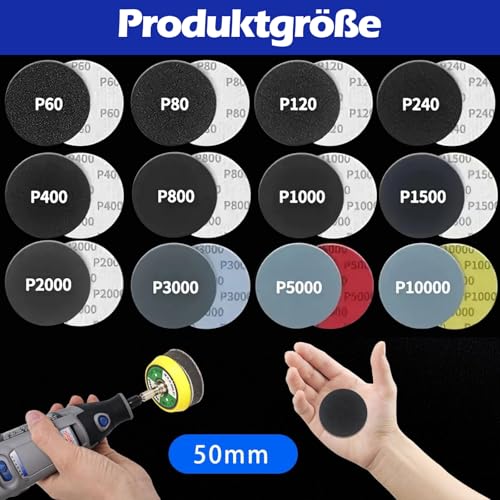 Pack of 200 50 mm Sanding Discs Set, Headlight Sandpaper Treatment Set, Wet Dry Sanding Pads and Polishing Pad with 60-10,000 Grit for Cordless Screwdriver, Dremel Accessories, Metal, Wood, Glass (A) | 200 Stück Nass Trockene Schleifpads und Polierpad ...